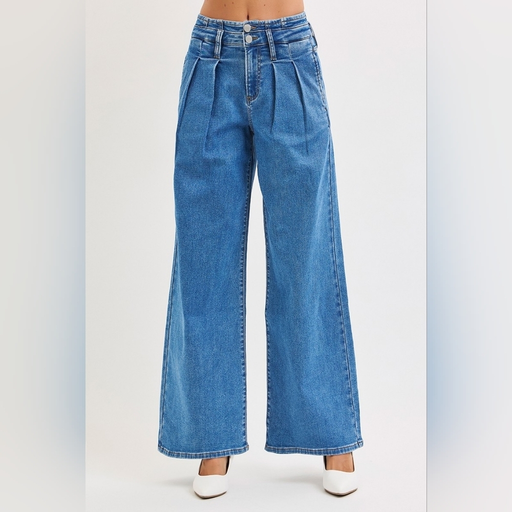 Risen MR Medium Wash Wide Leg Jeans Pleated Double Button Retro 80's Various NEW - Picture 4 of 15
